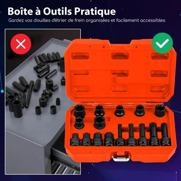Ensemble de 16 Douilles pour Étriers de Frein à Percussion Jeu d'Outils de Réglage de Frein à Cliquet 1/2” Compatible 28 x 7 x 18 cm Bleu/Orange