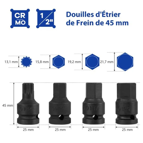 Ensemble de 16 Douilles pour Étriers de Frein à Percussion Jeu d'Outils de Réglage de Frein à Cliquet 1/2” Compatible 28 x 7 x 18 cm Bleu/Orange