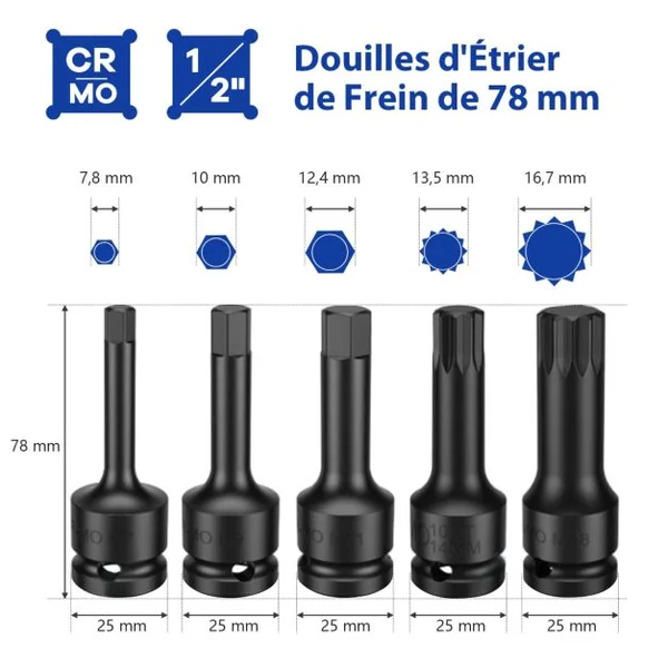 Ensemble de 16 Douilles pour Étriers de Frein à Percussion Jeu d'Outils de Réglage de Frein à Cliquet 1/2” Compatible 28 x 7 x 18 cm Bleu/Orange