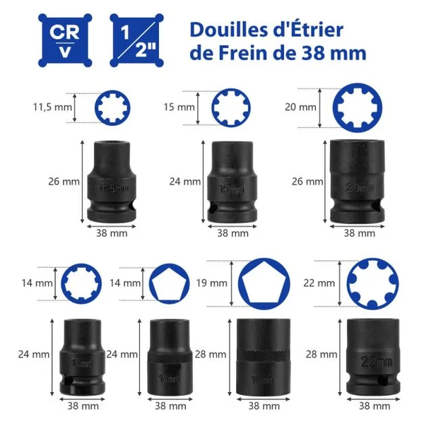 Ensemble de 16 Douilles pour Étriers de Frein à Percussion Jeu d'Outils de Réglage de Frein à Cliquet 1/2” Compatible 28 x 7 x 18 cm Bleu/Orange