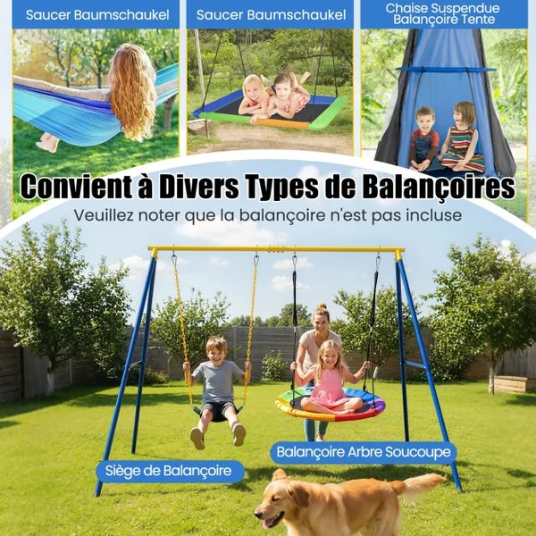 Ensemble de 2 Balançoires et Support en Métal en Forme A Stable Charge 150 kg pour Enfants 3 Ans+