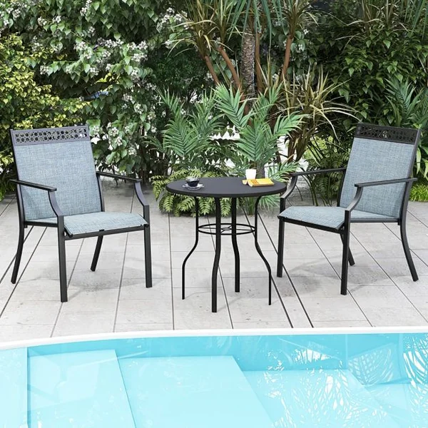 Ensemble de 2 Chaises avec Dossier Haut Accoudoirs Tissu à Séchage Rapide Cadre en Métal Robuste à Motif Ajouré pour Cour Jardin Bleu/Café/Gris