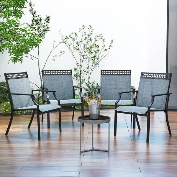 Ensemble de 2 Chaises avec Dossier Haut Accoudoirs Tissu à Séchage Rapide Cadre en Métal Robuste à Motif Ajouré pour Cour Jardin Bleu/Café/Gris