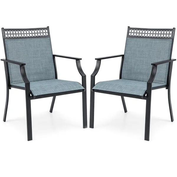Ensemble de 2 Chaises avec Dossier Haut Accoudoirs Tissu à Séchage Rapide Cadre en Métal Robuste à Motif Ajouré pour Cour Jardin Bleu/Café/Gris