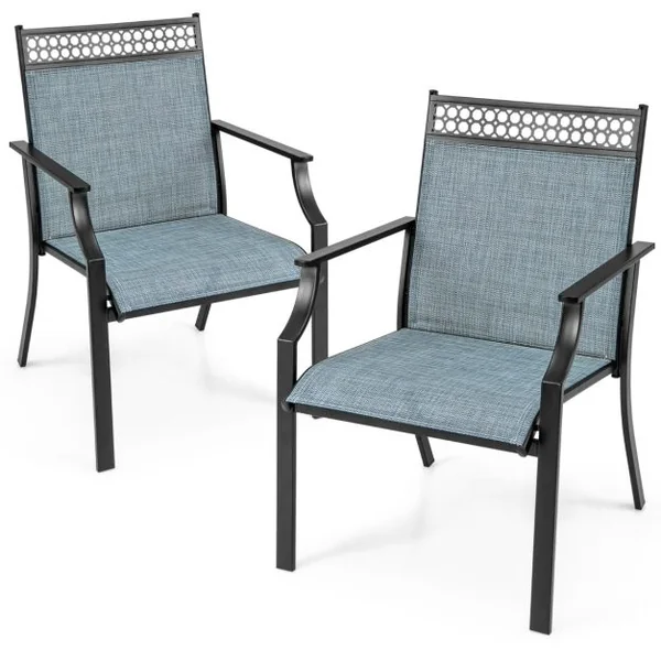 Ensemble de 2 Chaises avec Dossier Haut Accoudoirs Tissu à Séchage Rapide Cadre en Métal Robuste à Motif Ajouré pour Cour Jardin Bleu/Café/Gris