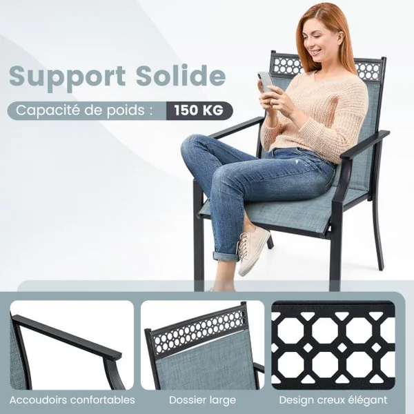 Ensemble de 2 Chaises avec Dossier Haut Accoudoirs Tissu à Séchage Rapide Cadre en Métal Robuste à Motif Ajouré pour Cour Jardin Bleu/Café/Gris