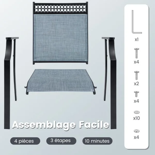 Ensemble de 2 Chaises avec Dossier Haut Accoudoirs Tissu à Séchage Rapide Cadre en Métal Robuste à Motif Ajouré pour Cour Jardin Bleu/Café/Gris