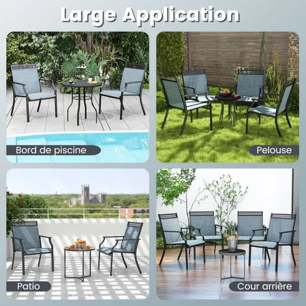 Ensemble de 2 Chaises avec Dossier Haut Accoudoirs Tissu à Séchage Rapide Cadre en Métal Robuste à Motif Ajouré pour Cour Jardin Bleu/Café/Gris