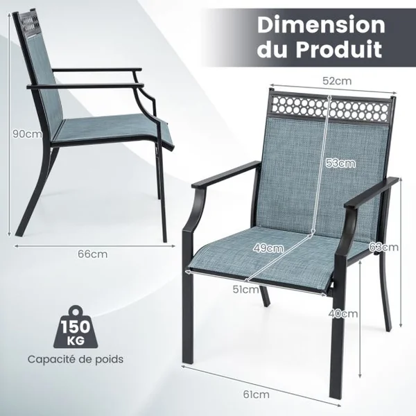 Ensemble de 2 Chaises avec Dossier Haut Accoudoirs Tissu à Séchage Rapide Cadre en Métal Robuste à Motif Ajouré pour Cour Jardin Bleu/Café/Gris