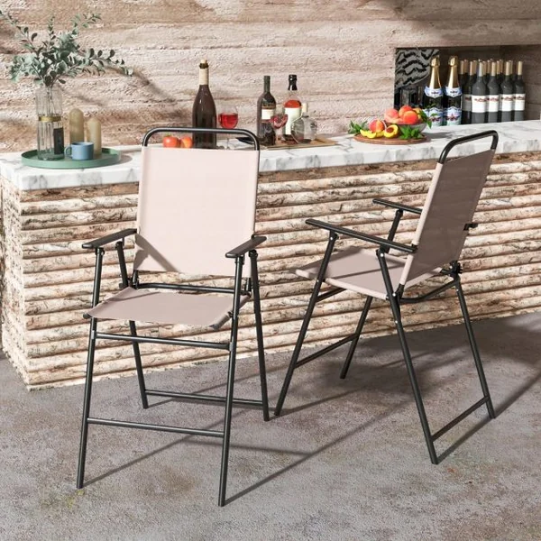 Ensemble de 2 Chaises de Bar Pliantes D'extérieur Tissu Respirant Cadre en Métal Chaises D'extérieur à Hauteur de Bar Accoudoirs Repose-pieds Beige