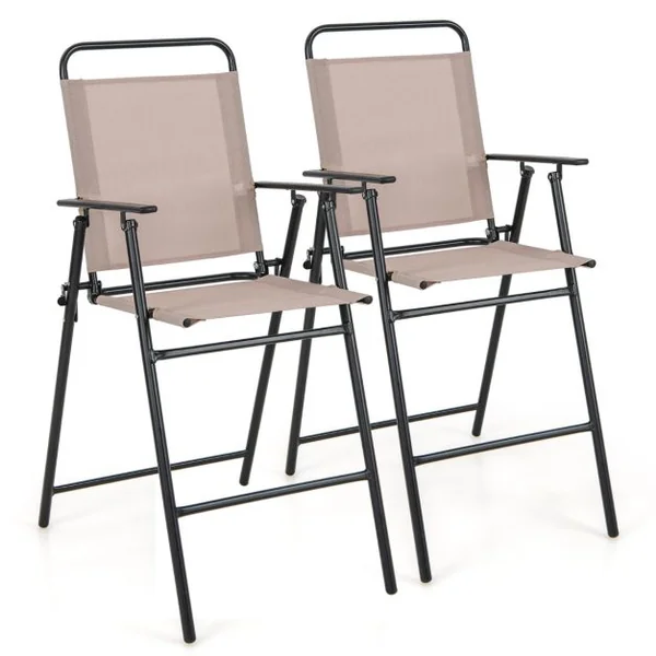 Ensemble de 2 Chaises de Bar Pliantes D'extérieur Tissu Respirant Cadre en Métal Chaises D'extérieur à Hauteur de Bar Accoudoirs Repose-pieds Beige