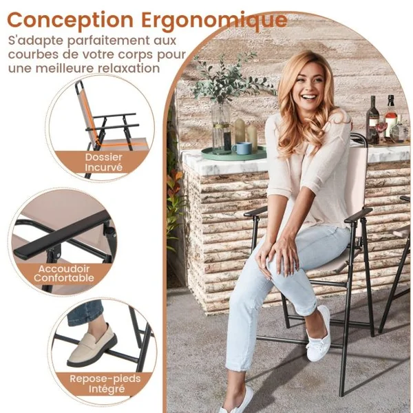 Ensemble de 2 Chaises de Bar Pliantes D'extérieur Tissu Respirant Cadre en Métal Chaises D'extérieur à Hauteur de Bar Accoudoirs Repose-pieds Beige