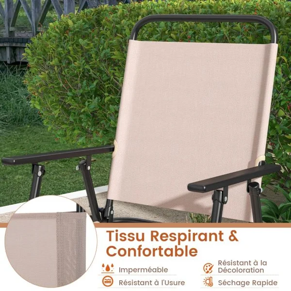 Ensemble de 2 Chaises de Bar Pliantes D'extérieur Tissu Respirant Cadre en Métal Chaises D'extérieur à Hauteur de Bar Accoudoirs Repose-pieds Beige