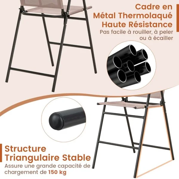 Ensemble de 2 Chaises de Bar Pliantes D'extérieur Tissu Respirant Cadre en Métal Chaises D'extérieur à Hauteur de Bar Accoudoirs Repose-pieds Beige