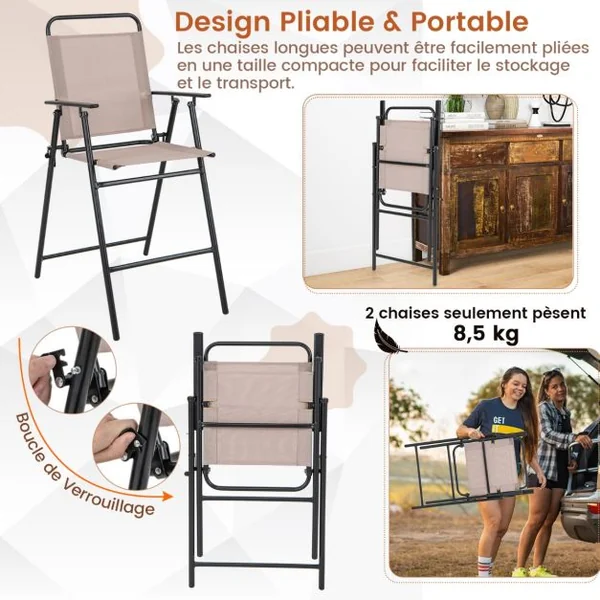 Ensemble de 2 Chaises de Bar Pliantes D'extérieur Tissu Respirant Cadre en Métal Chaises D'extérieur à Hauteur de Bar Accoudoirs Repose-pieds Beige