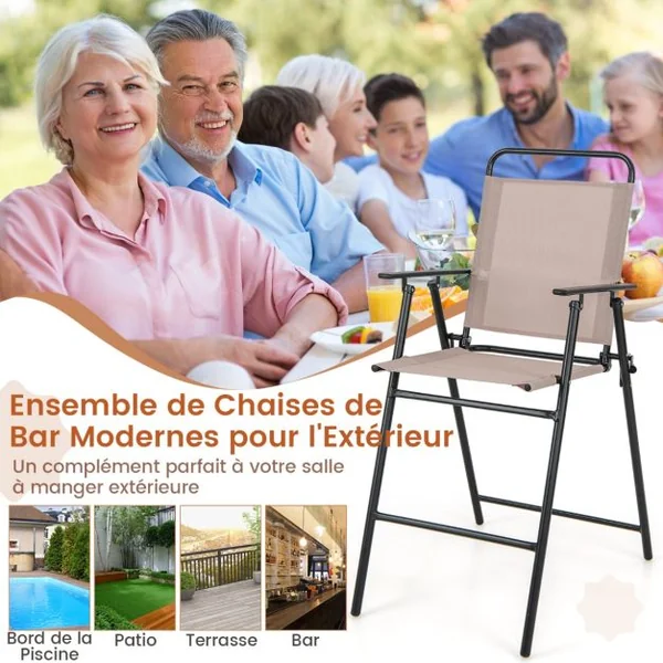 Ensemble de 2 Chaises de Bar Pliantes D'extérieur Tissu Respirant Cadre en Métal Chaises D'extérieur à Hauteur de Bar Accoudoirs Repose-pieds Beige