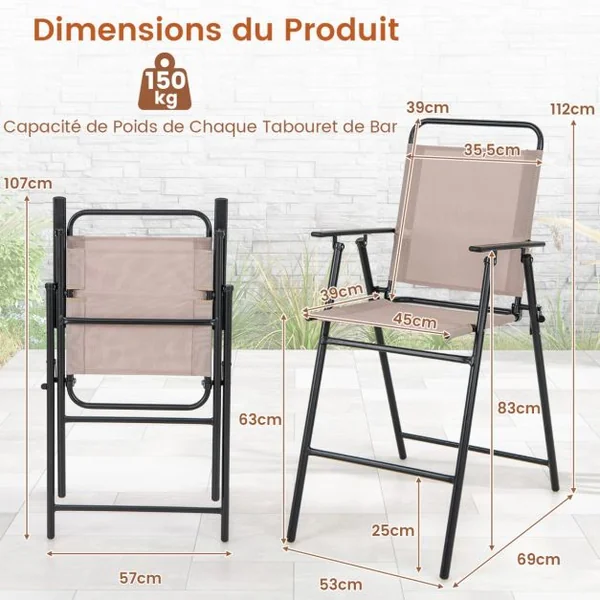Ensemble de 2 Chaises de Bar Pliantes D'extérieur Tissu Respirant Cadre en Métal Chaises D'extérieur à Hauteur de Bar Accoudoirs Repose-pieds Beige