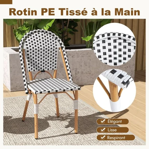Ensemble de 2 Chaises de Bistrot Françaises Chaises de Salle à Manger sans Accoudoirs en Rotin Tressé à La Main pour Extérieur Blanc