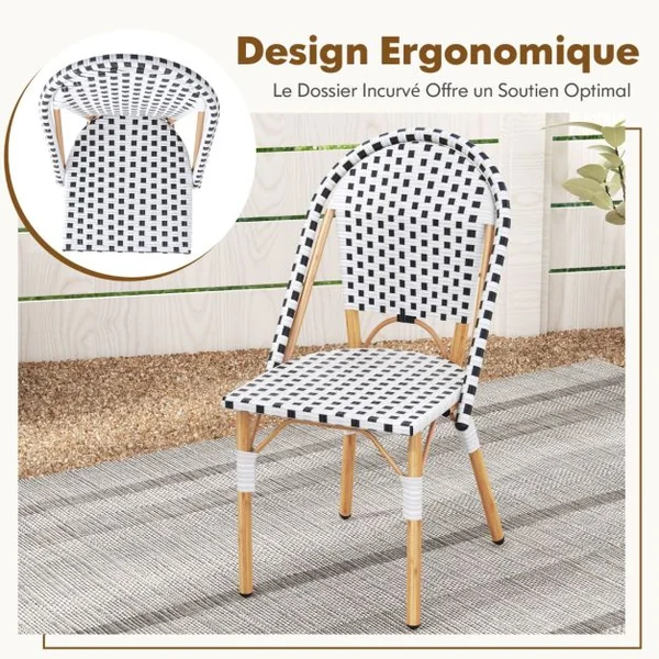 Ensemble de 2 Chaises de Bistrot Françaises Chaises de Salle à Manger sans Accoudoirs en Rotin Tressé à La Main pour Extérieur Blanc