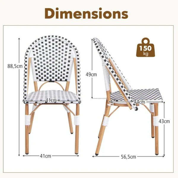 Ensemble de 2 Chaises de Bistrot Françaises Chaises de Salle à Manger sans Accoudoirs en Rotin Tressé à La Main pour Extérieur Blanc