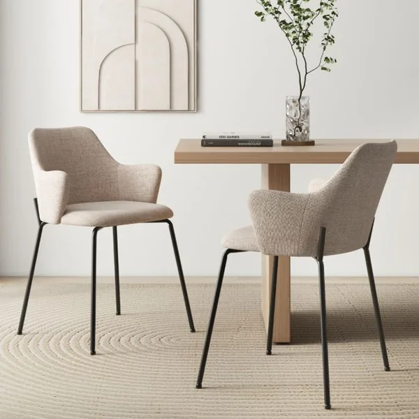 Ensemble de 2 Chaises de Salle à Manger avec Dossier Courbé Siège Large & Accoudoirs pour Salon Cuisine Chambre Beige