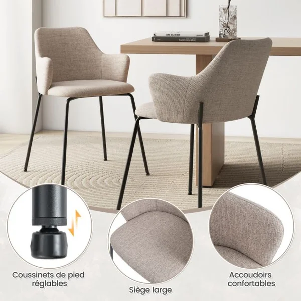 Ensemble de 2 Chaises de Salle à Manger avec Dossier Courbé Siège Large & Accoudoirs pour Salon Cuisine Chambre Beige
