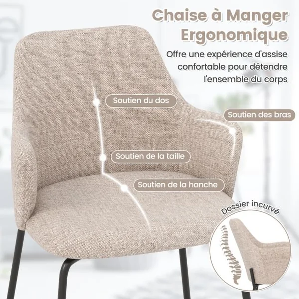 Ensemble de 2 Chaises de Salle à Manger avec Dossier Courbé Siège Large & Accoudoirs pour Salon Cuisine Chambre Beige