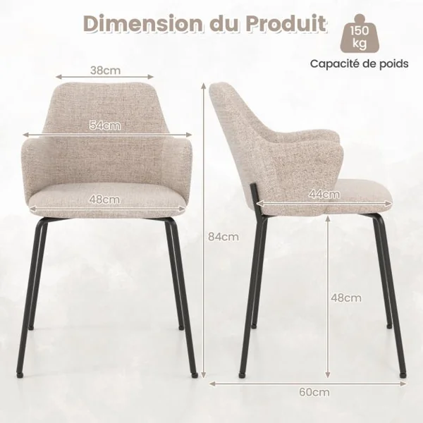 Ensemble de 2 Chaises de Salle à Manger avec Dossier Courbé Siège Large & Accoudoirs pour Salon Cuisine Chambre Beige