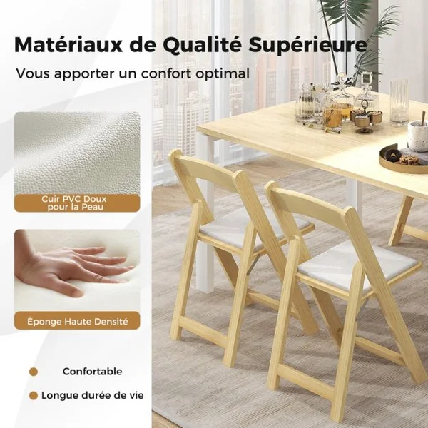 Ensemble de 2 Chaises de Salle à Manger Chaise de Cuisine Pliable avec Pieds en Bois d'Hévéa et Siège Rembourré Naturel