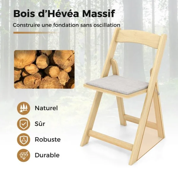 Ensemble de 2 Chaises de Salle à Manger Chaise de Cuisine Pliable avec Pieds en Bois d'Hévéa et Siège Rembourré Naturel