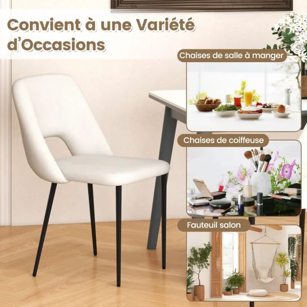 Ensemble de 2 Chaises de Salle à Manger Chaise Rembourrée Moderne avec Dossier Creux Pieds en Métal Blanc