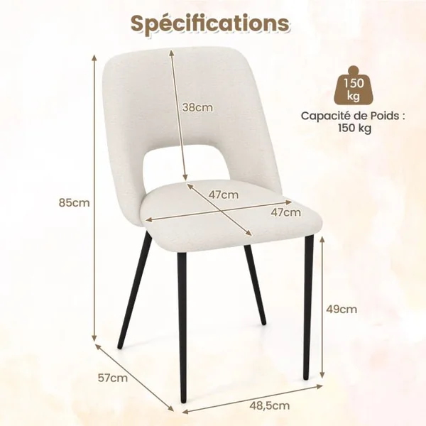 Ensemble de 2 Chaises de Salle à Manger Chaise Rembourrée Moderne avec Dossier Creux Pieds en Métal Blanc
