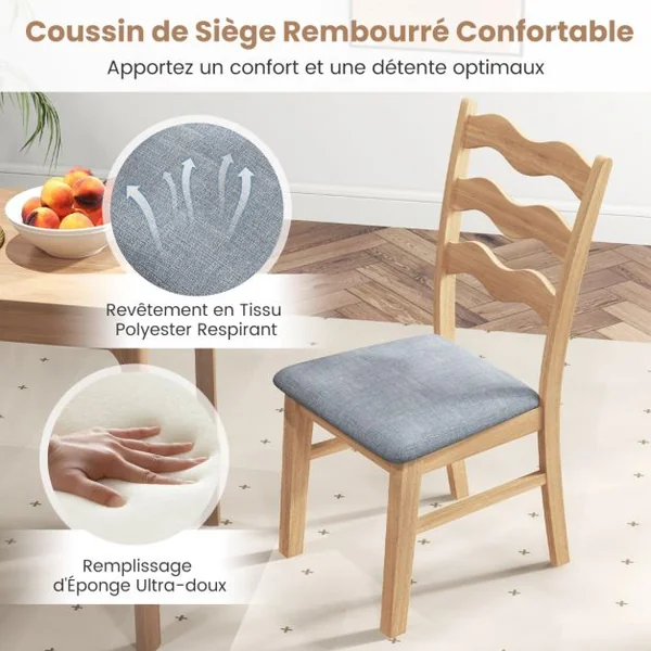 Ensemble de 2 Chaises de Salle à Manger Chaises de Cuisine Rembourrées en Tissu Dossier Ondulé Creux Cadre en Bois d'Hévéa Naturel