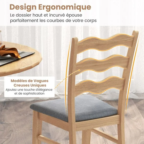 Ensemble de 2 Chaises de Salle à Manger Chaises de Cuisine Rembourrées en Tissu Dossier Ondulé Creux Cadre en Bois d'Hévéa Naturel