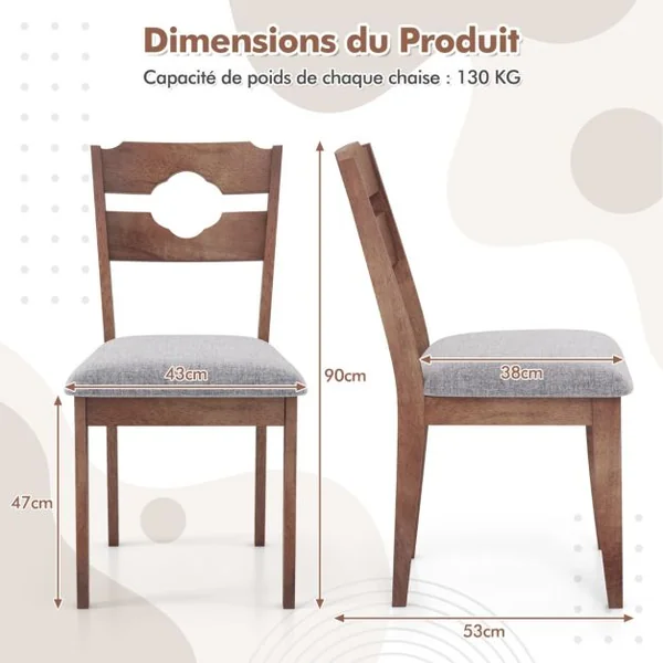 Ensemble de 2 Chaises de Salle à Manger Chaises Rembourrées en Tissu Dossier Haut Cadre en Bois d'Hévéa Chaises d'Appoint Marron