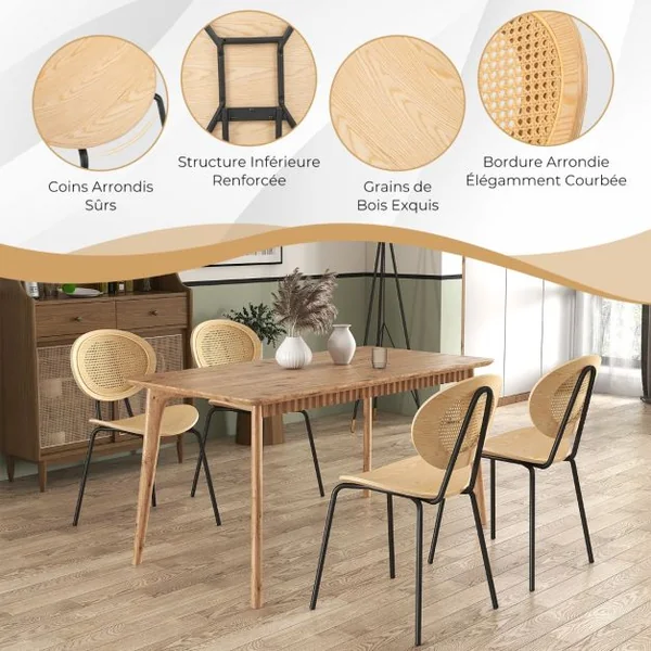Ensemble de 2 Chaises de Salle à Manger en Rotin Chaises d'Appoint Sans Accoudoirs avec Pieds en Métal Dossier en Cannage Respirant en Maille Naturel