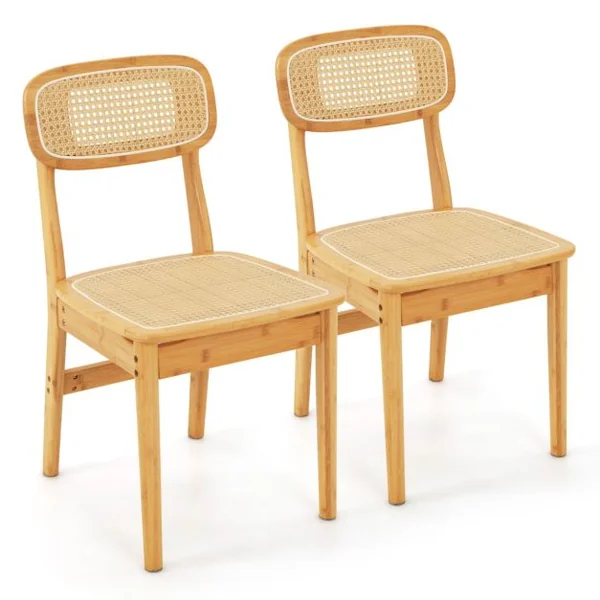 Ensemble de 2 Chaises de Salle à Manger en Rotin Chaises de Cuisine avec Dossier en Rotin Simulé et Cadre en Bois Style Mid- Siècle Naturel