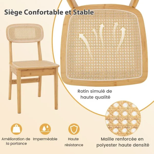 Ensemble de 2 Chaises de Salle à Manger en Rotin Chaises de Cuisine avec Dossier en Rotin Simulé et Cadre en Bois Style Mid- Siècle Naturel