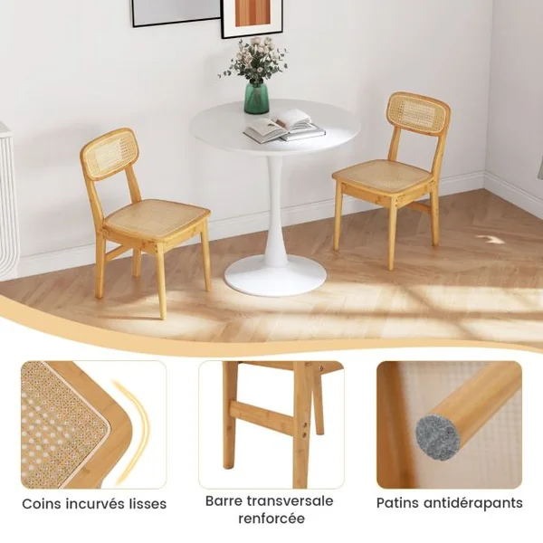 Ensemble de 2 Chaises de Salle à Manger en Rotin Chaises de Cuisine avec Dossier en Rotin Simulé et Cadre en Bois Style Mid- Siècle Naturel