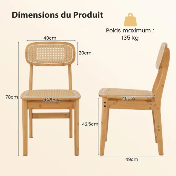 Ensemble de 2 Chaises de Salle à Manger en Rotin Chaises de Cuisine avec Dossier en Rotin Simulé et Cadre en Bois Style Mid- Siècle Naturel