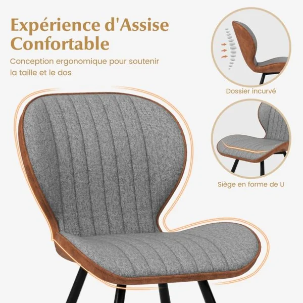 Ensemble de 2 Chaises de Salle à Manger sans Accoudoirs avec Dossier Courbé Confortable pour Salon Cuisine Chambre Gris