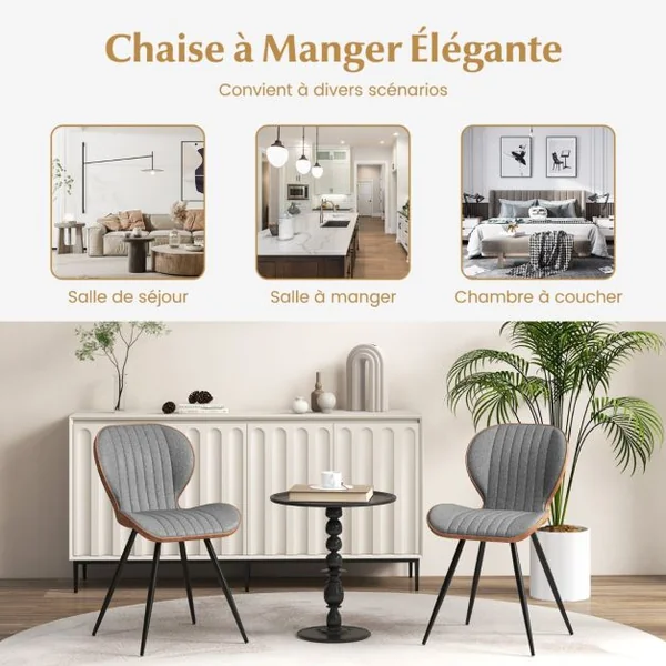 Ensemble de 2 Chaises de Salle à Manger sans Accoudoirs avec Dossier Courbé Confortable pour Salon Cuisine Chambre Gris
