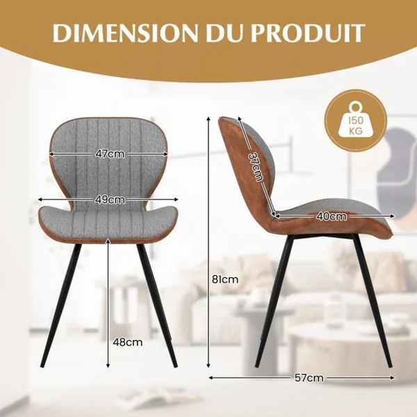 Ensemble de 2 Chaises de Salle à Manger sans Accoudoirs avec Dossier Courbé Confortable pour Salon Cuisine Chambre Gris