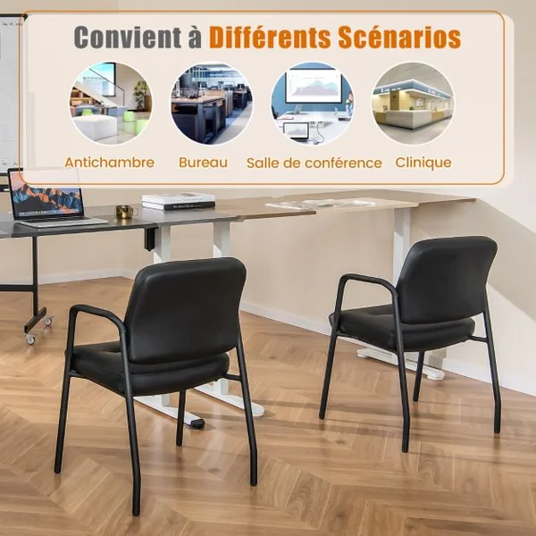 Ensemble de 2 Chaises d'Invité pour Salle d'Attente Chaises de Réception Rembourrées en Cuir PU Mélangé Accoudoirs Intégrés Noir