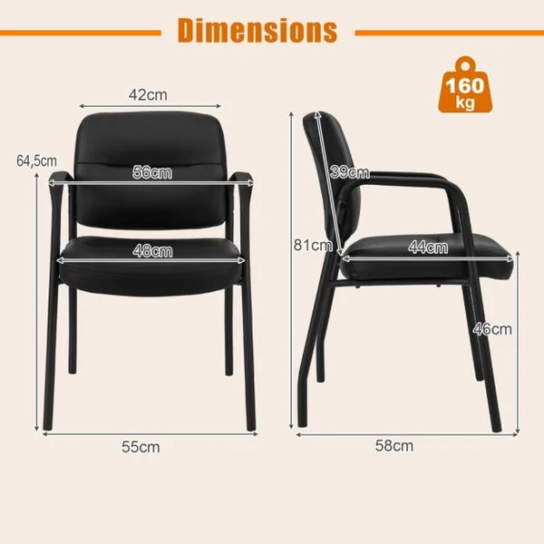 Ensemble de 2 Chaises d'Invité pour Salle d'Attente Chaises de Réception Rembourrées en Cuir PU Mélangé Accoudoirs Intégrés Noir