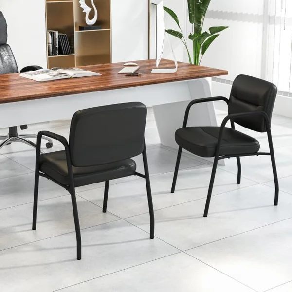 Ensemble de 2 Chaises d'Invité pour Salle d'Attente Chaises de Réception Rembourrées en Cuir PU Mélangé Accoudoirs Intégrés Noir