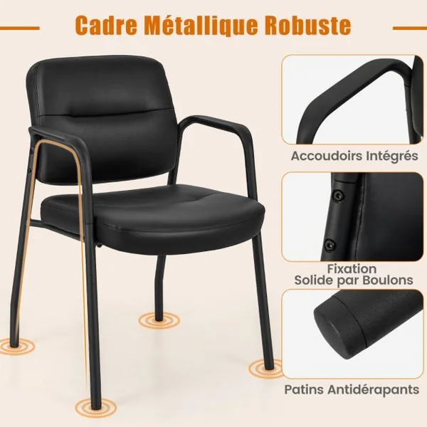 Ensemble de 2 Chaises d'Invité pour Salle d'Attente Chaises de Réception Rembourrées en Cuir PU Mélangé Accoudoirs Intégrés Noir