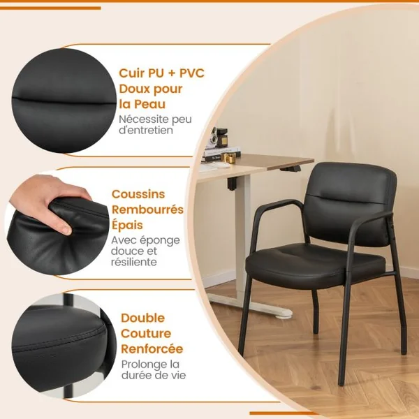 Ensemble de 2 Chaises d'Invité pour Salle d'Attente Chaises de Réception Rembourrées en Cuir PU Mélangé Accoudoirs Intégrés Noir