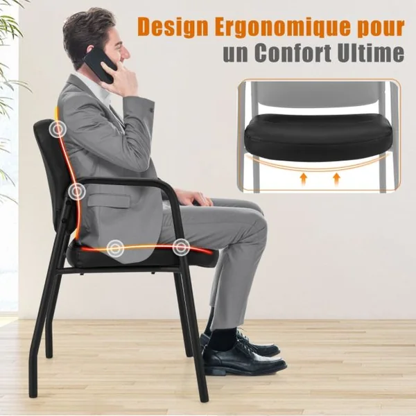 Ensemble de 2 Chaises d'Invité pour Salle d'Attente Chaises de Réception Rembourrées en Cuir PU Mélangé Accoudoirs Intégrés Noir