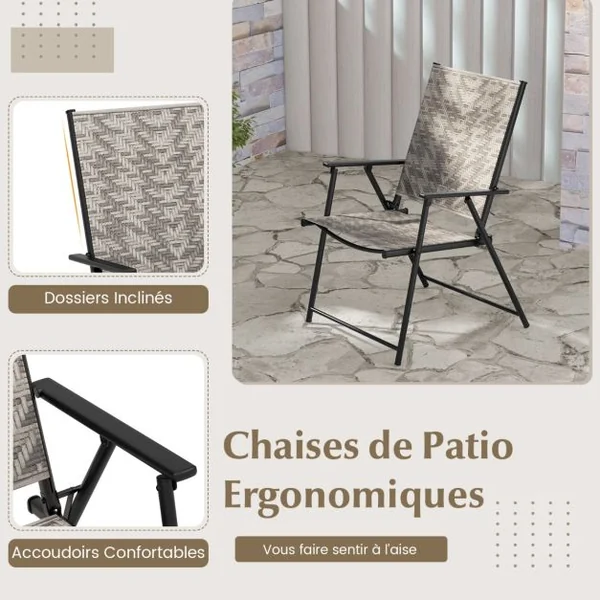 Ensemble de 2 Chaises Pliantes de Patio Chaises de Salle à Manger D'Extérieur en Osier Accoudoirs Chaises Pliables avec Cadre en Métal